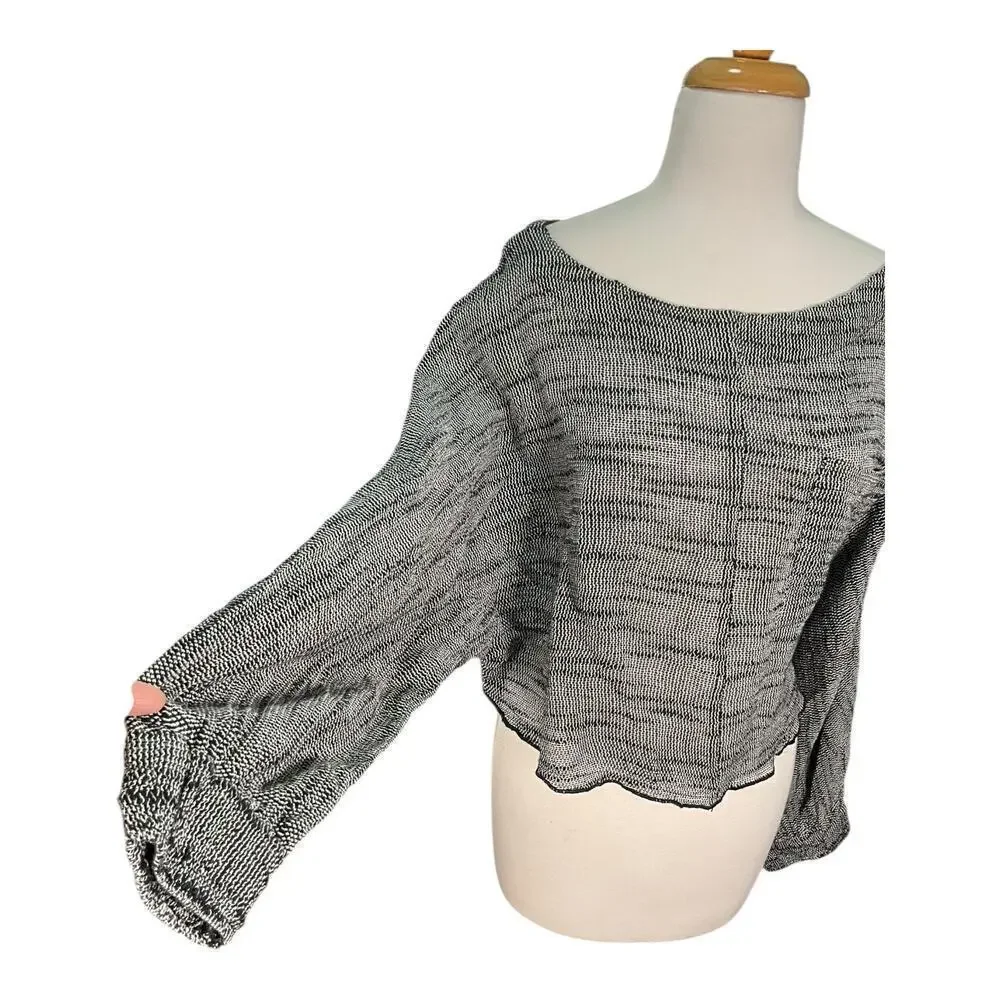Free People Black & White Boat Neck Tight Knit Long Sleeve Cropped Sweater Small